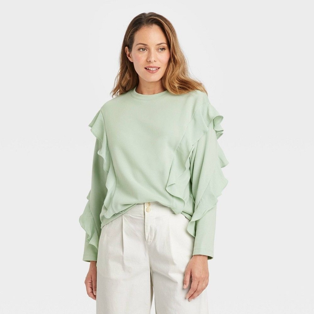 NWT XS Women's Ruffle Crew Neck Sweatshirt Light Green A New‎ Day